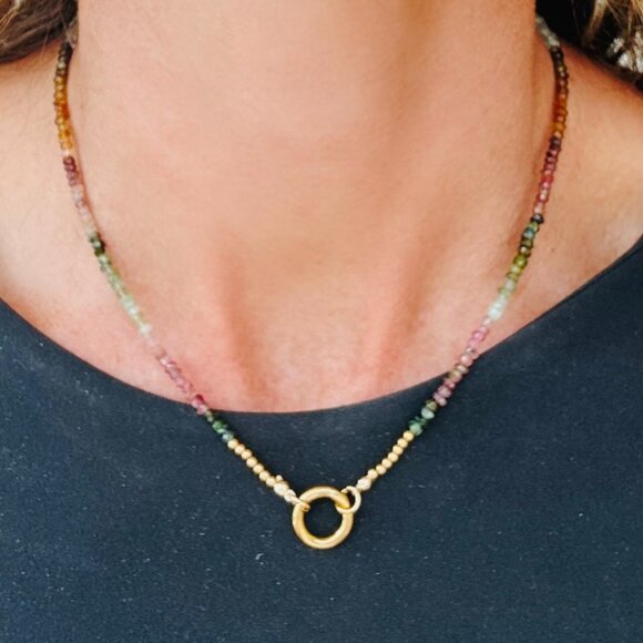 Watermelon Tourmaline Necklace Gemstone Beaded Necklace Gold Charm Clasp PRETTY - Picture 4 of 12